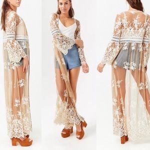 Sheer embroidered lace kimono